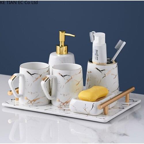 European-style Ceramic Bathroom Six-piece Set with Tray Marble Pattern High-end Bathroom Accessories Brushing Cup Soap Dish Tray