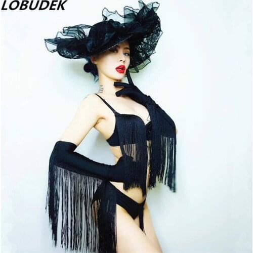 Valentines Day Bar Party Dance Outfit Red/Black/White Tassel Bikini Hat Set Nightclub DJ Female Dancer Sexy Performance Costume