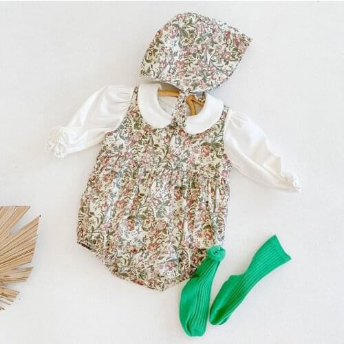 0-2Yrs New 2020 Autumn Winter Newborn Girls Floral Jumpsuits + Hat Clothes Baby Rompers Long Sleeve Children Rompers