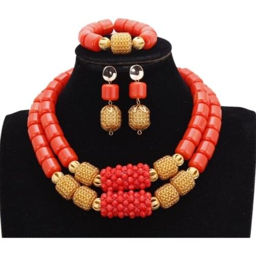 Dudo Store Artificial Coral Beads Jewelry Set 2 Layers Crystal Gold Craft Balls Nigerian Bridal Wedding Necklace Set For Women