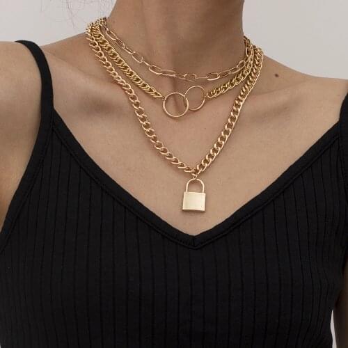 Layered Necklaces for Women Gold Silver Paperclip Chain Choker Round Circle Lock Pendant Layering Choker Necklaces Party Jewelry