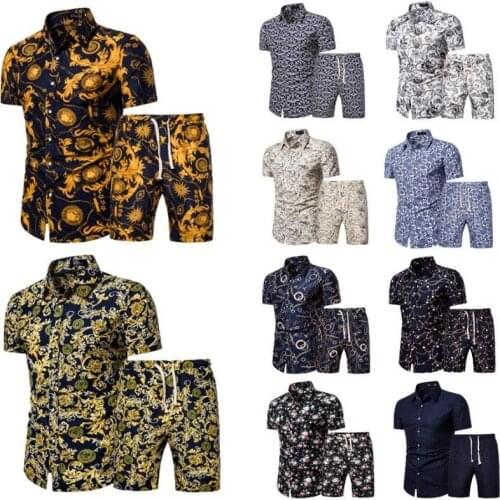 2021 Mens 2-piece Set Summer Fashion Casual Hawaiian Shirt Graphic T-shirt Vest Shorts Suit Beach Sports Suit Pocket Sportswear