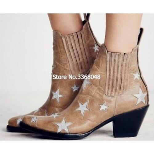 New Fashion Five Stars Patchwork Women Ankle Boots Cowboy Design Laides Pointed Toe Boots Slip On Low Square Heels Female Shoes