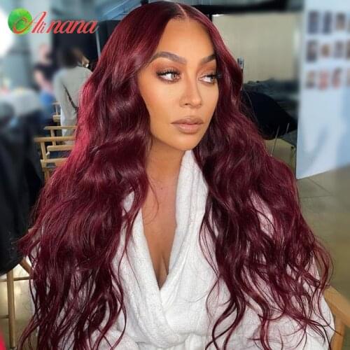 Alinana 13x6 Lace Frontal Wig Body Wave Pre-Plucked 1B/99J Color Human Hair Wavy Glueless Wigs 30 Inch Bleach Knots 180% Density
