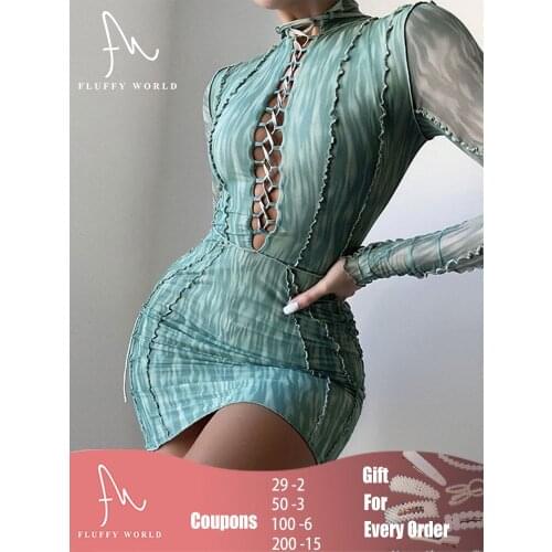 Sexy Print Hollow Out Lace Mini Dress Long Sleeve Net Yarn Bag Hip Dress Fashion Bodycon Party Dresses for Women Clubwear Slim