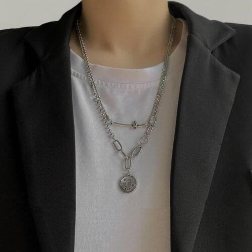 U-Magical Punk Double Layer Titanium Steel Circle Coin Medallion Pendant Necklace for Women HipHop Silver Color Necklace Jewelry