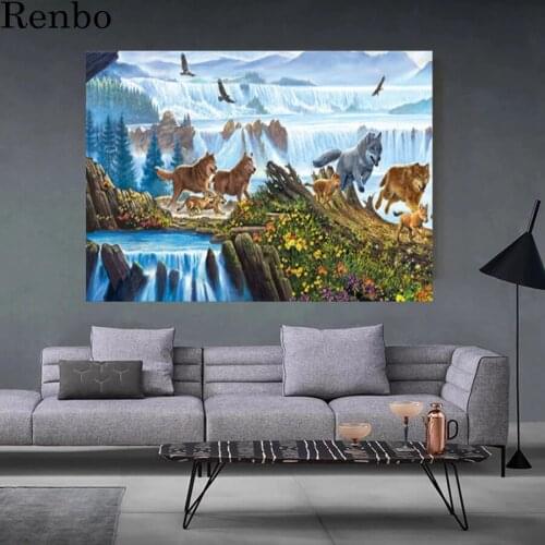 Waterfall diy 5d dimond painting full diamond embroidery sale animals running wolf large mosaic canvas painting wall decoration