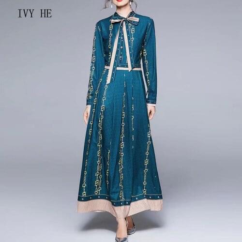 IVY HE High Quality Early Autumn Dress Woman Clothing Elegant Bow Check Print Slim Long Dress Traf ZAfu Party Vintage Dresses