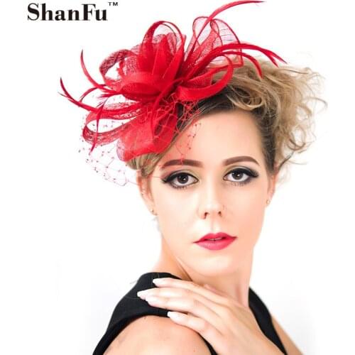 Ladies Floral Fancy Feather Fascinator Handmade Headband Sinamay Fascinators Birdcage Veil Headpieces Black SFC12171 6pcs/lot