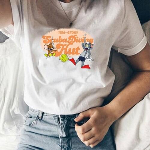 Women Short Sleeve T-shirt Summer Cute Cat and Mouse Cartoon Graphic Tee Harajuku Funny Clothes Tops Female White O-neck T Shirt