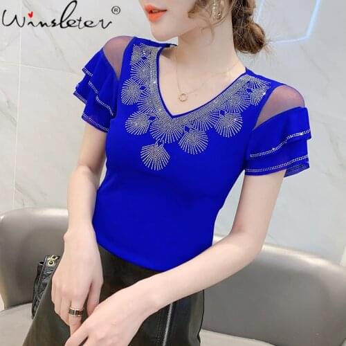 Summer European Style Ruffles T-Shirt Fashion V-Neck Shiny Diamonds Women Tops Short Flare Sleeve Sexy Back Tees 2021 T13125A