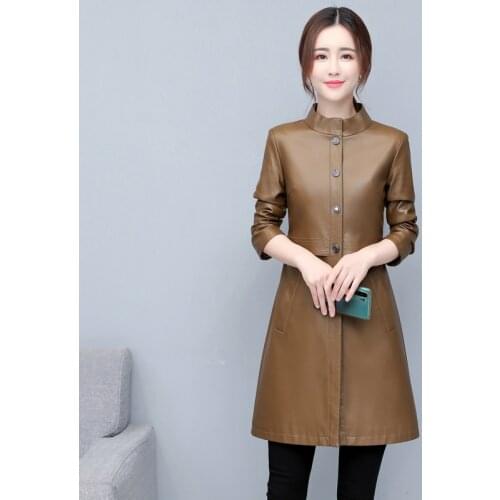 M-5XL Womens Pu Leather Jackets 2020 New Ladies Single Breasted Faux Sheepskin Coat Trench Female Outerwear Pu Leather Clothing