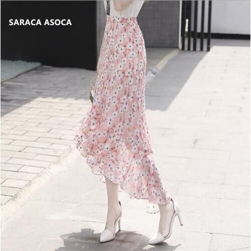 Summer Bohemian Pink Floral Ankle-Length Print Chiffon Skirt Women High Waist Irregular Slim Hip Tuxedo Bust skirt For Girls