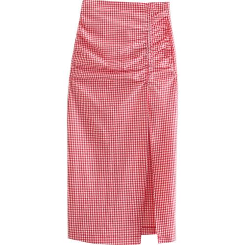Za New Summer Vintage Plaid Skirt Women High Waist Package Hip Pencilskirt Fold Effect Front Split Skirts
