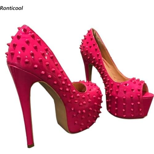 Ronticool Women Shiny Pumps Sexy Studded Stiletto High Heels Peep Toe Pretty Fuchsia Club Wear Shoes Women US Plus Size 5-20