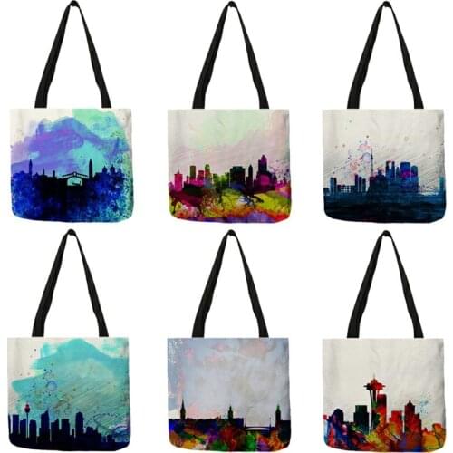 Women Designer Handbags Watercolor World City Skylines Print Shoulder Bag Ladies Casual Shopping Totes B13155