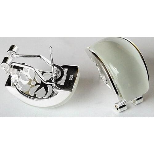 Ladys charm 925 Sterling Silver 13*20mm Natural Clear White Cat Eye Opals Stud Earrings 5.29