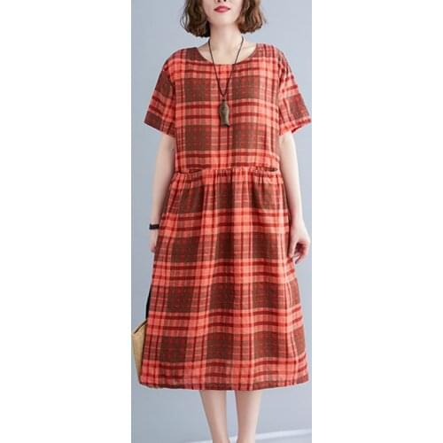 Korea Style Fashion Plaid Dress 2021 New Arrival Thin Soft Cotton Linen Loose Summer Dress Pockets Women Travel Casual Dress