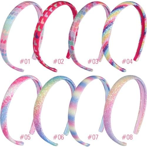 1 PC Girls Glitter Headband Sequins Shiny Children Hairband Sweet Heart Printed Mermaid Rainbow Style Kids Head Wear Headhoop