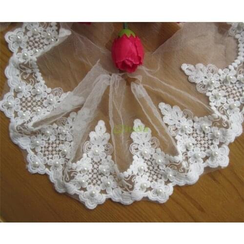 1 yards Embroidered Flower Pearl Cotton Net Mesh Lace Edge Trim Ribbon Floral Applique Fabric Wedding Dress Sewing Craft DIY
