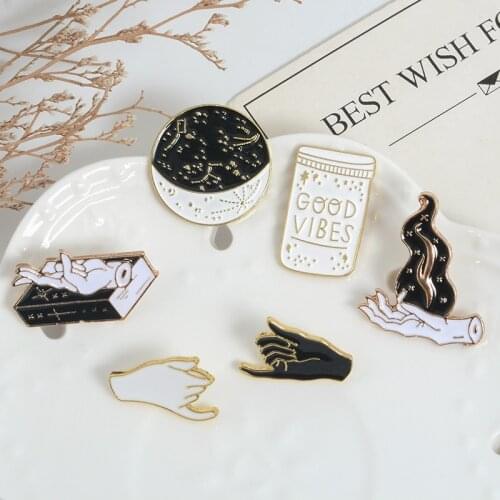 Hand Enamel Pins black white Brooches GOOD VIBES Cup Starry Sky Book Lapel Badge Denim Promise Dream Jewelry magical accessories