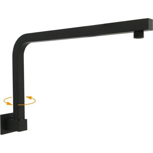 Black brass shower arm wall mounted gooseneck high rise swivel bath shower component for waterfall rain head square shower arm
