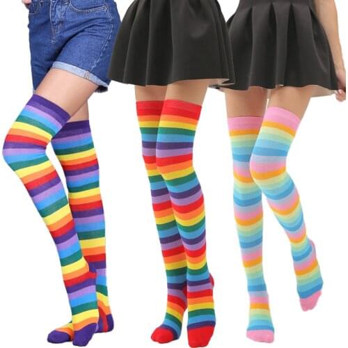 Long Socks Women Thigh Highs Socks Halloween Stockings Sexy Knee High Socks Stripe Dance Socks Fashion Rainbow Socks Happy Funny