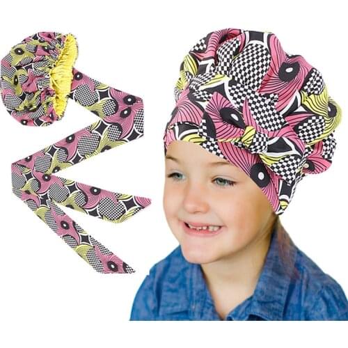 Extra Large Kids girls Satin Lined Bonnets Hat African Turban Hat Women Ankara Long Ribbon Headwrap Ankara Hair Bonnet Hat