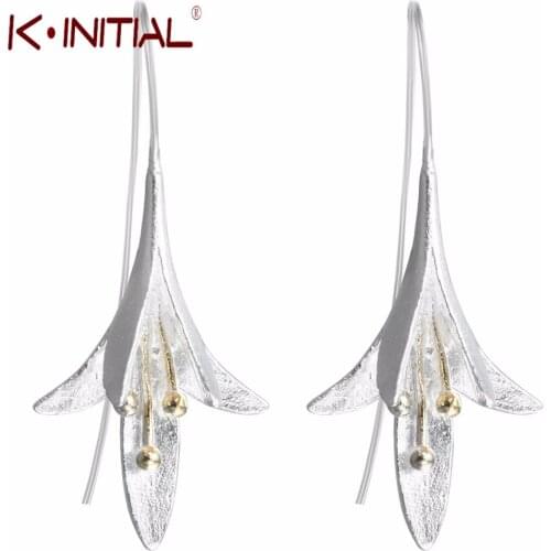 Kinitial Silver Plated Long Flower Drop Earrings for Women Lovely Girls Christmas Gift Statement Fashion Birthday Jewelry