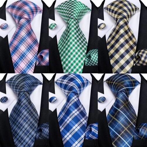 Classic Men Striped Plaid Necktie Handkerchief Cufflinks Set Silk Jacqurd Mens Ties Business Wedding Cravat Ties Gifts DiBanGu