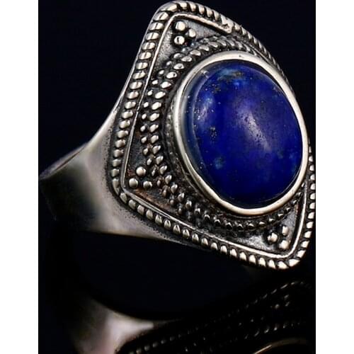 925 Sterling Silver Vintage Ring for Women Men Natural 8x10MM Oval Lapis Rings Anniversary Party Jewelry Gift Fine Jewelry