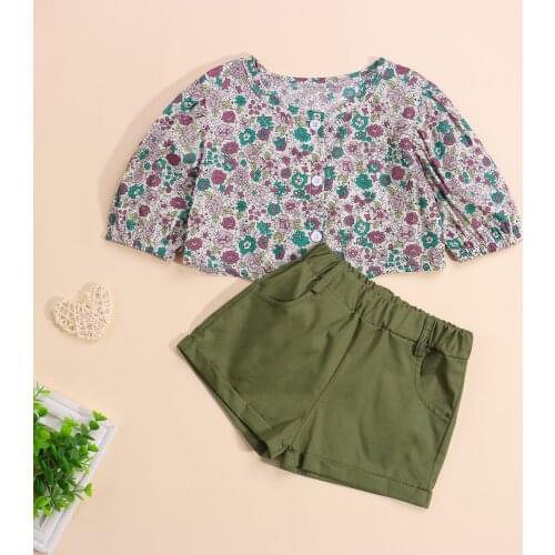 Toddler Kid Girls 2Pcs Summer Outfits Short Sleeve Single-breasted Floral Printed T-Shirts + Pocket Casual Shorts Set