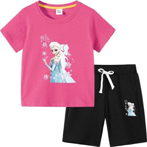 Disney Frozen Snow Summer New Ice And Snow Love Childrens Clothing Set Fashion Cotton Short Sleeve + Pants Baby Casual Suit