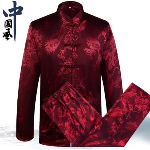 Tang Suit Jacket Chinese Traditional Clothes Dragon Embroidery Oriental Button Up Mandarin Collar Silk Kung Fu Clothing + Pants