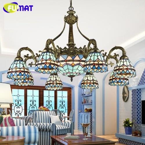 FUMAT European Mediterranean Chandeliers Lights Blue Chandelier Copper Never Rust Lamp Stand Chandelier Lights for Living Room