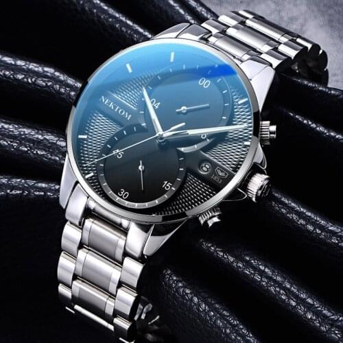 NEKTOM Fashion Luxury Watches Mens Stainless Steel Band Sport Hour Analog Quartz Wrist Watch Mens Business Clock montre homme
