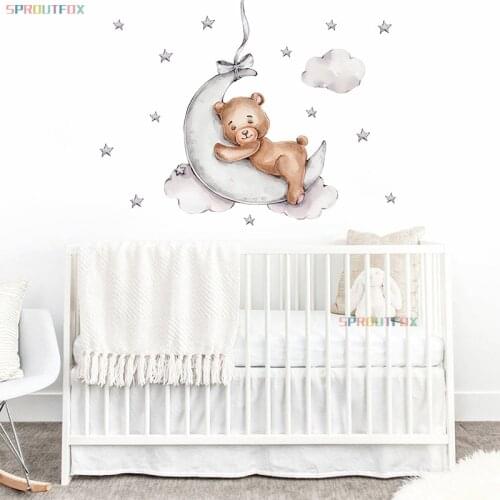 Brown Bear Sleeping on the Moon Wall Stickers for Kids Room Baby Nursery Home Decorative Cartoon Animal Wall Vinyl Decals