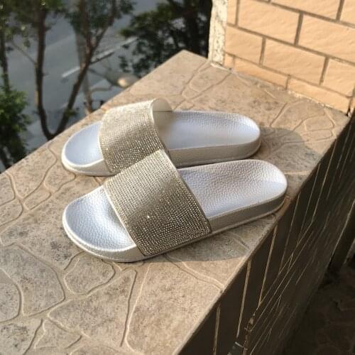2021 New Rhinestone Silver Womens Slippers Comfortable Platform All-Matching Beach Shoes