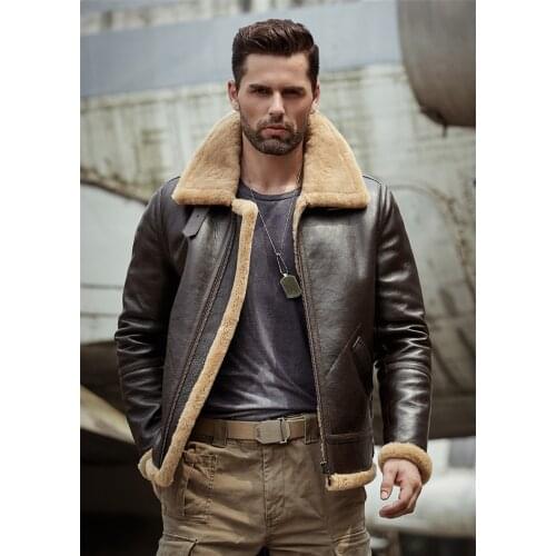 2019 New Mens Brown B3 Shearling Jacket Thicken Sheepskin Coat Winter Fur Coat Mens Leather Jacket Motorcycle Jacket