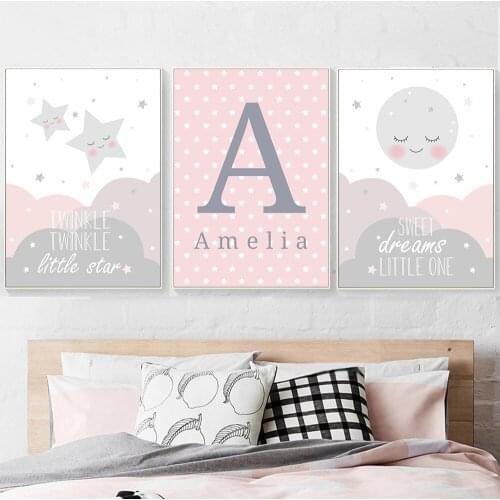 Cloud Star Moon Posters And Prints Custom Name Poster Painting Nursery Wall Art Print Pink Wall Pictures Baby Girl Room Decor