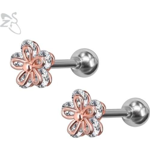Popular Flower Shaped Stud Earrings Clear Crystal Ear Cartilage Piercing Women Girl Cute Double Side Earrings Body Jewelry