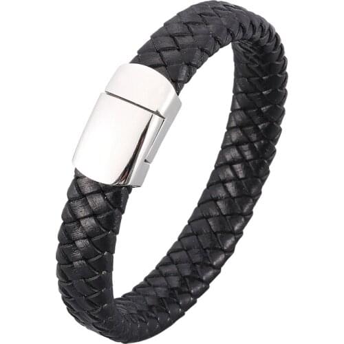 Simple Design Braided Leather Men Bracelets Bangles Stainless Steel Magnetic Buckle Fashion Male Wrist Band Party Jewelry PD1035