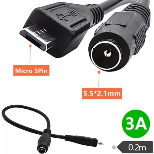 DC 5.5mm x 2.1mm Female to Micro USB 5pin Male DC Power Supply Extension22AWG 3A Adapter Cable ,0.2m