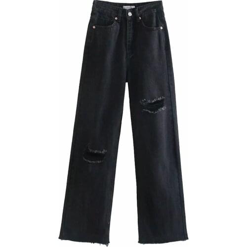 ZA women Pantalon frayed straight Jeans Washed full length High waist Hole Wide-leg denim pants pocket fashion Ripped Trousers