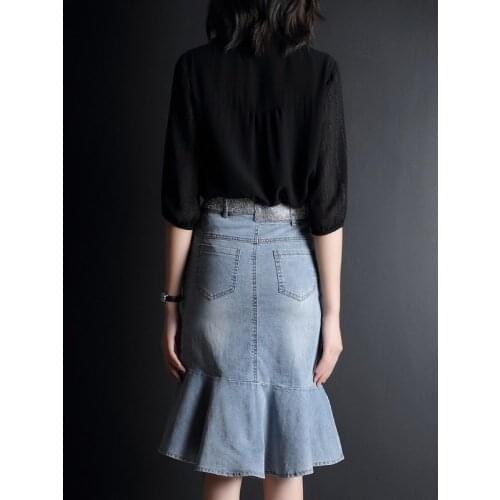 Elegant Summer Black Chiffon Shirt & High Waist Denim Ruffle Skirt Two Piece Set Office Lady Fashion Wrap Knee Skirt Women
