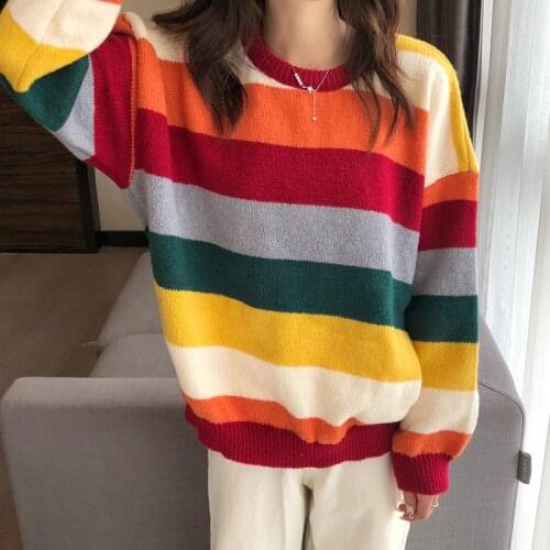 Fall Winter Rainbpw-Color Striped Sweater Women Vintage Crew Neck Knit Pullovers Female Loose Aesthetic Outwear Tops Mujer 2021