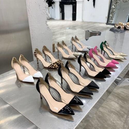 2021 New Sexy Pumps Pointed Toe Women Pumps Fashion Genuine Leather Patchwork Women Shoes PVC Shoes Woman Slip-On Pumps Woman