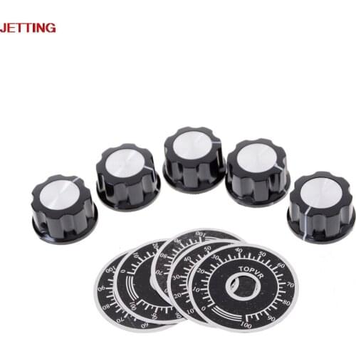 5PCS Black Potentiometer Knob Rotary Cap With 5PCS Counting Dial 0-100 Scale Material Plastic Metal