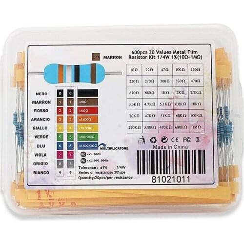 600pcs/set 1/4W 30 Kinds 1% Metal Film Resistor kit ,0.25W Resistor box 150 300 470 680R 2.2K 4.7K 100K 470K 1M ohm resistance