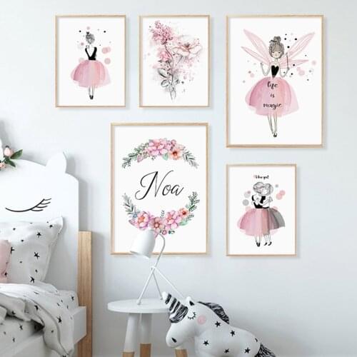 Watercolor Pink Kawaii Girl Flower Poster Custom Name Nursery Canvas Paintings Print Wall Art Picture Gifts Kids Room Home Decor